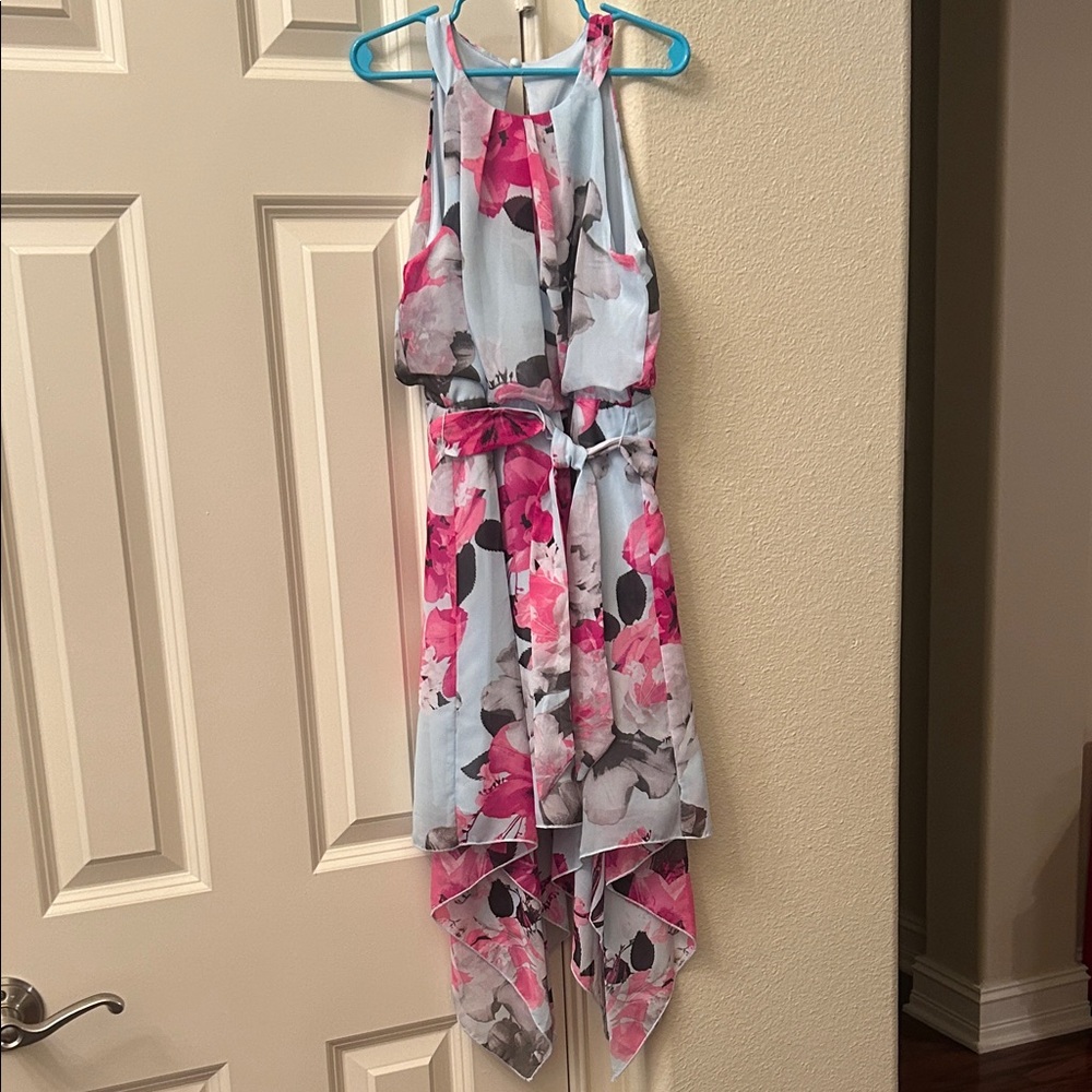 Girls Xtraordinary Light Blue Floral High-Low Dress with Pink Accents